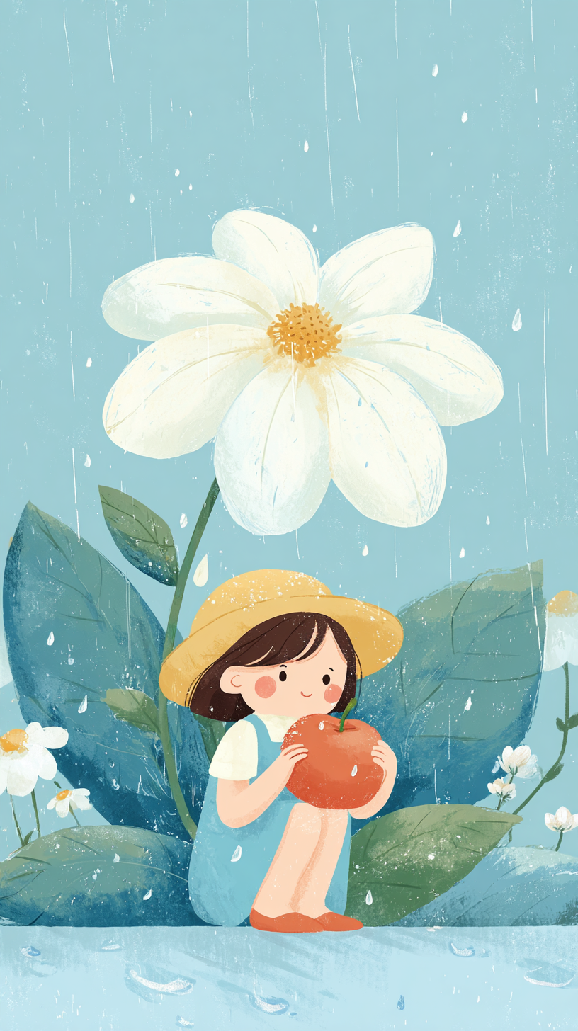 蓝色夏季雨季小女孩插画