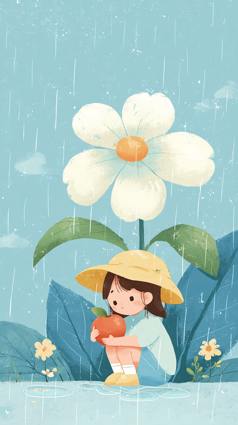 蓝色夏季雨季小女孩插画