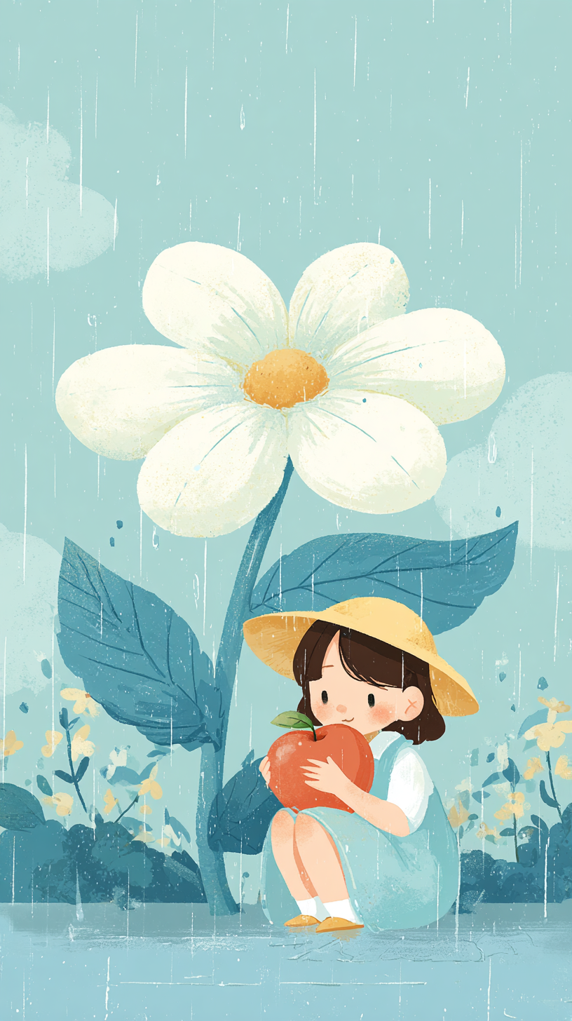 蓝色夏季雨季小女孩插画