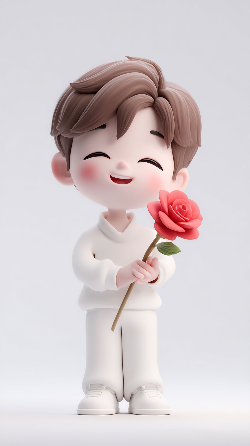可爱3D卡通男孩手持玫瑰素材