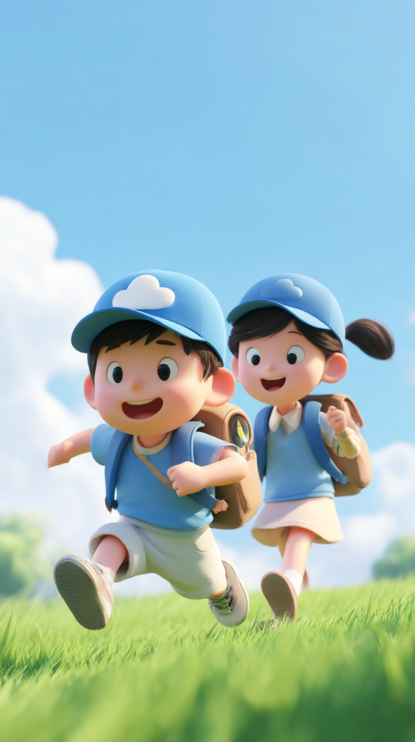3D可爱儿童在草地奔跑素材