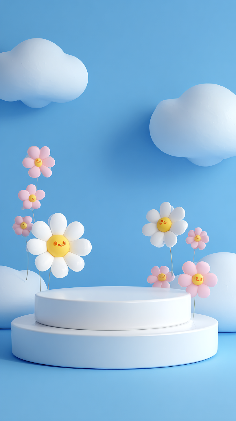 蓝色3D卡通云朵花朵舞台背景
