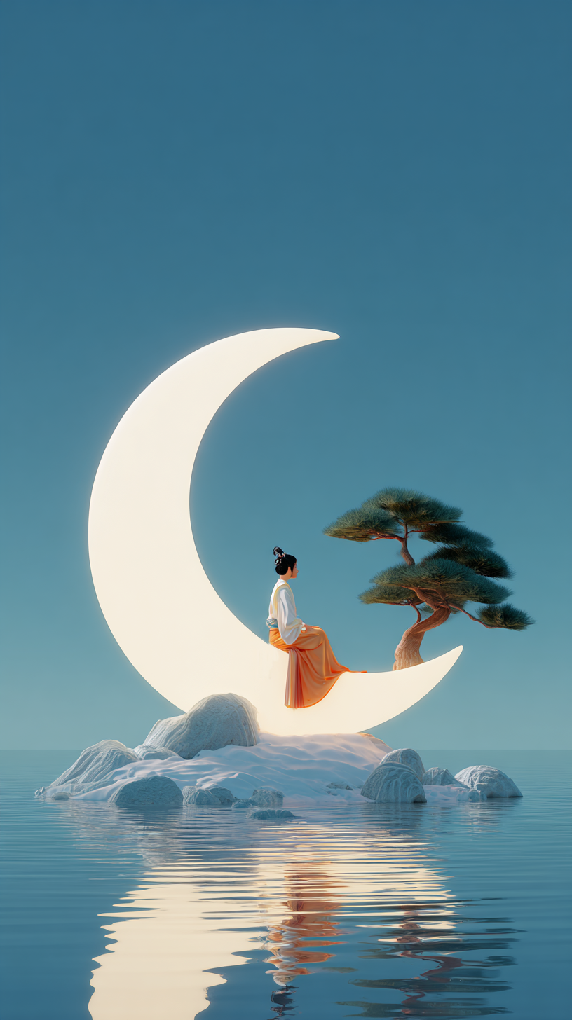 3D插画风格古装人物与月亮宣传背景