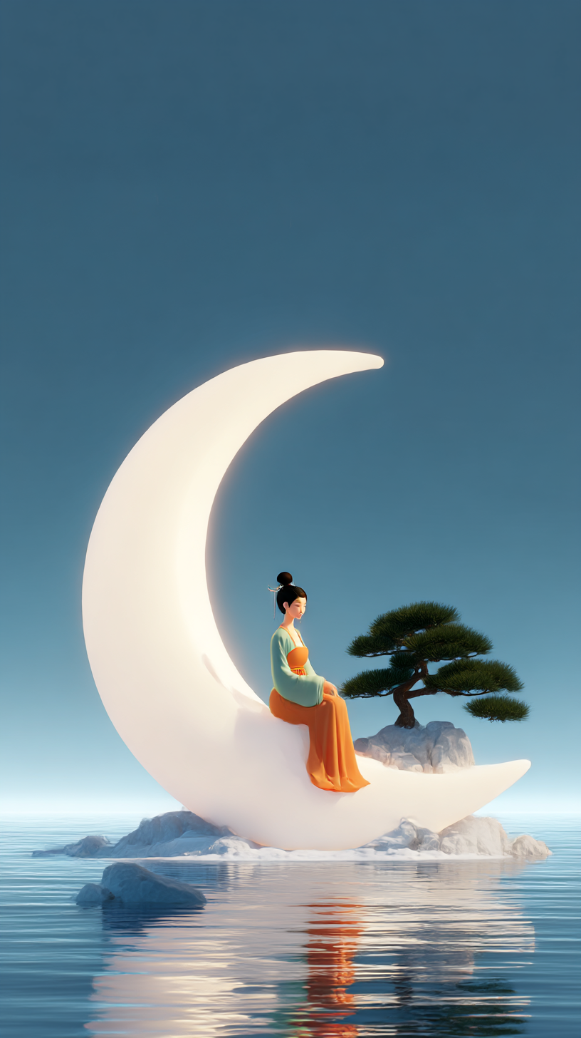 3D插画风格古装人物与月亮宣传背景