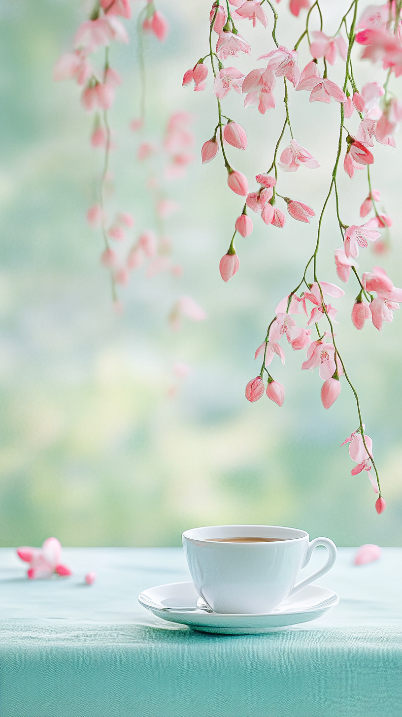 清新唯美粉色樱花下精致茶杯背景