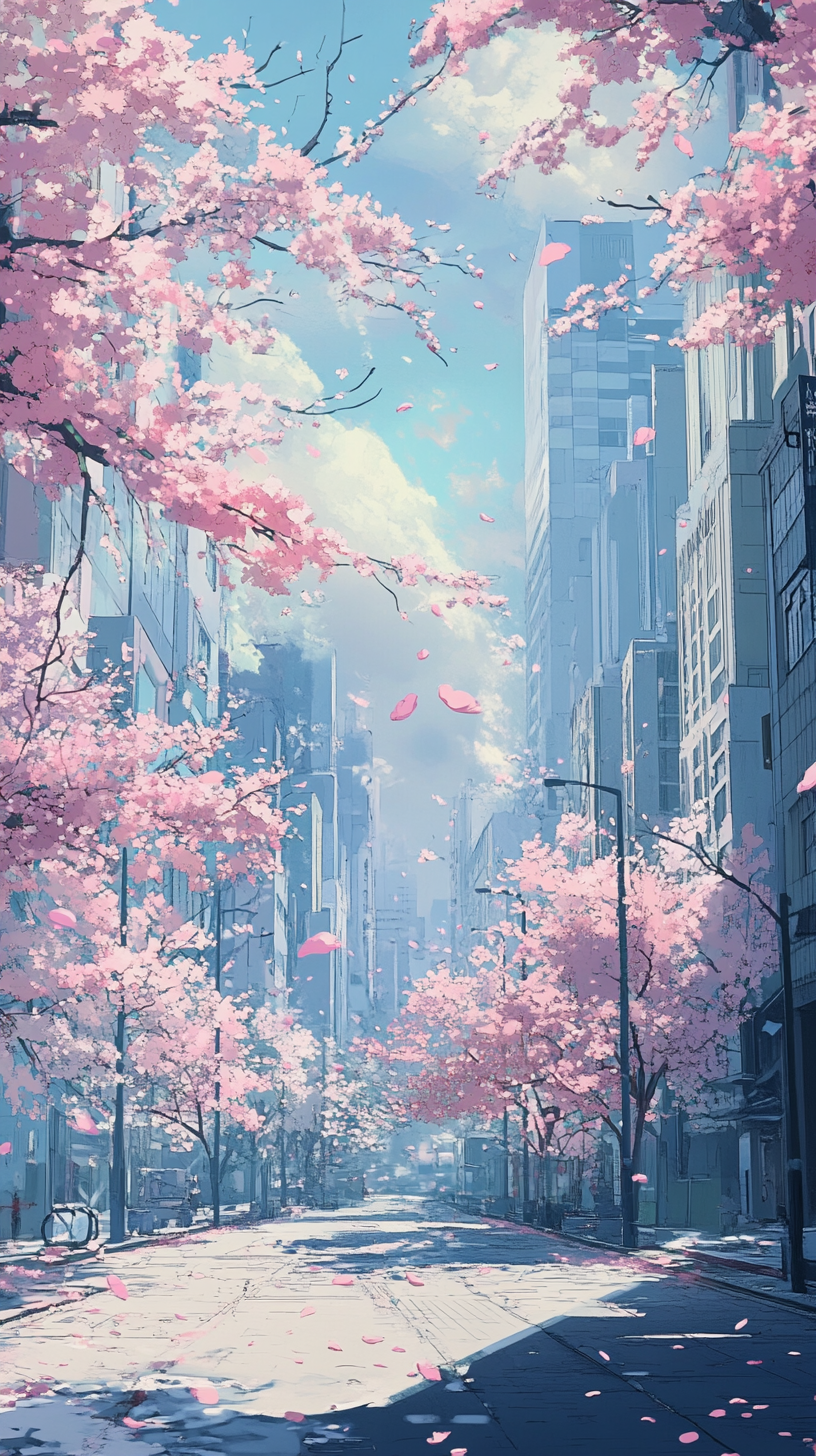 漫画清新风浪漫樱花唯美城市背景