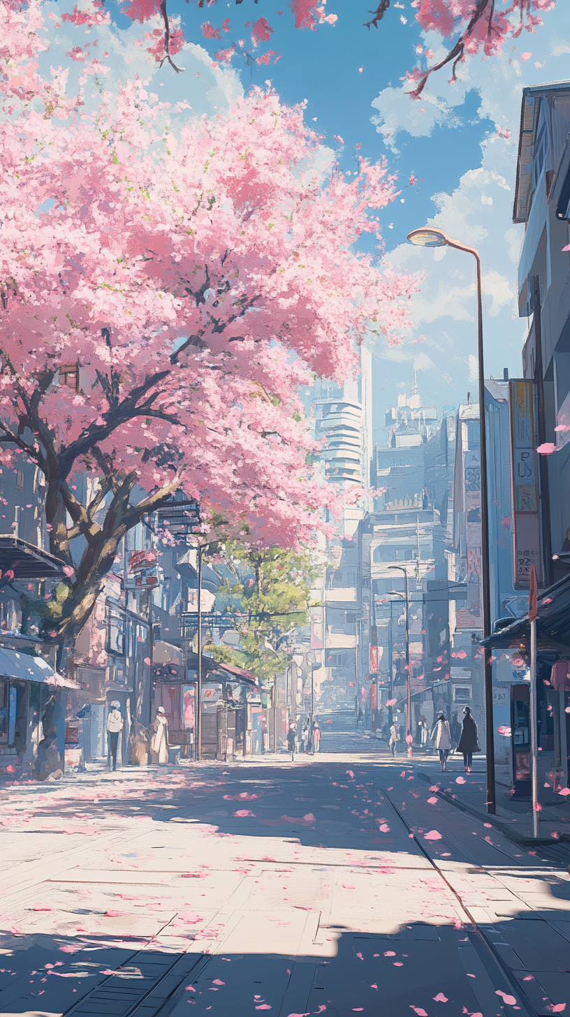漫画清新风浪漫樱花唯美城市背景