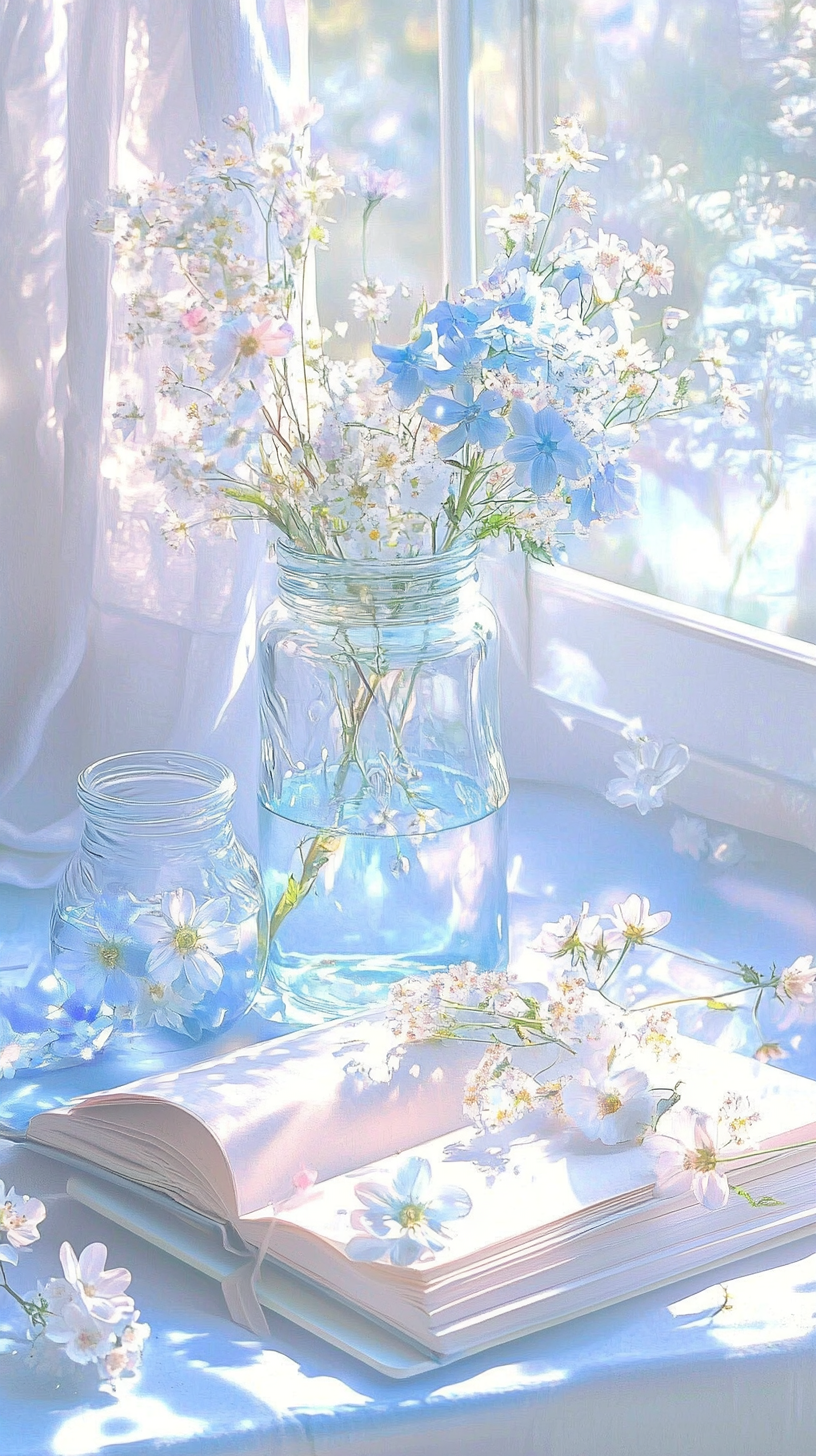 蓝色清新文艺风花瓶鲜花电背景