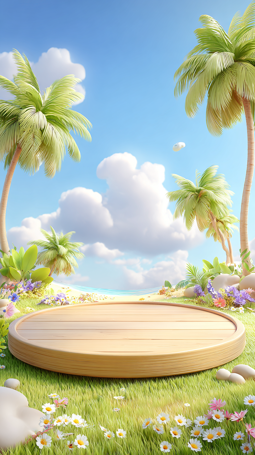 蓝绿色夏日海岛3D清新木制展台背景