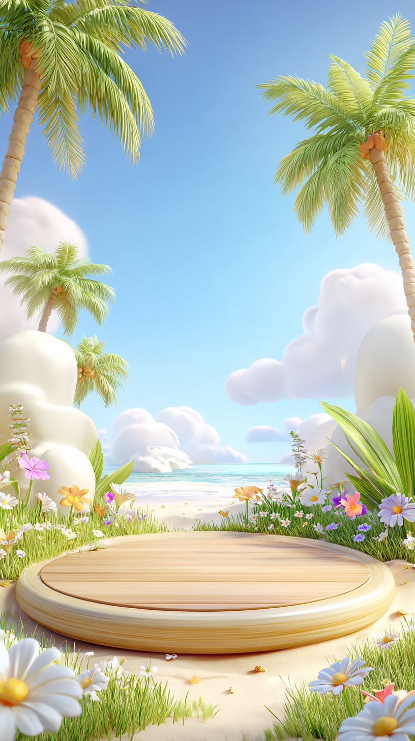 蓝绿色夏日海岛3D清新木制展台背景