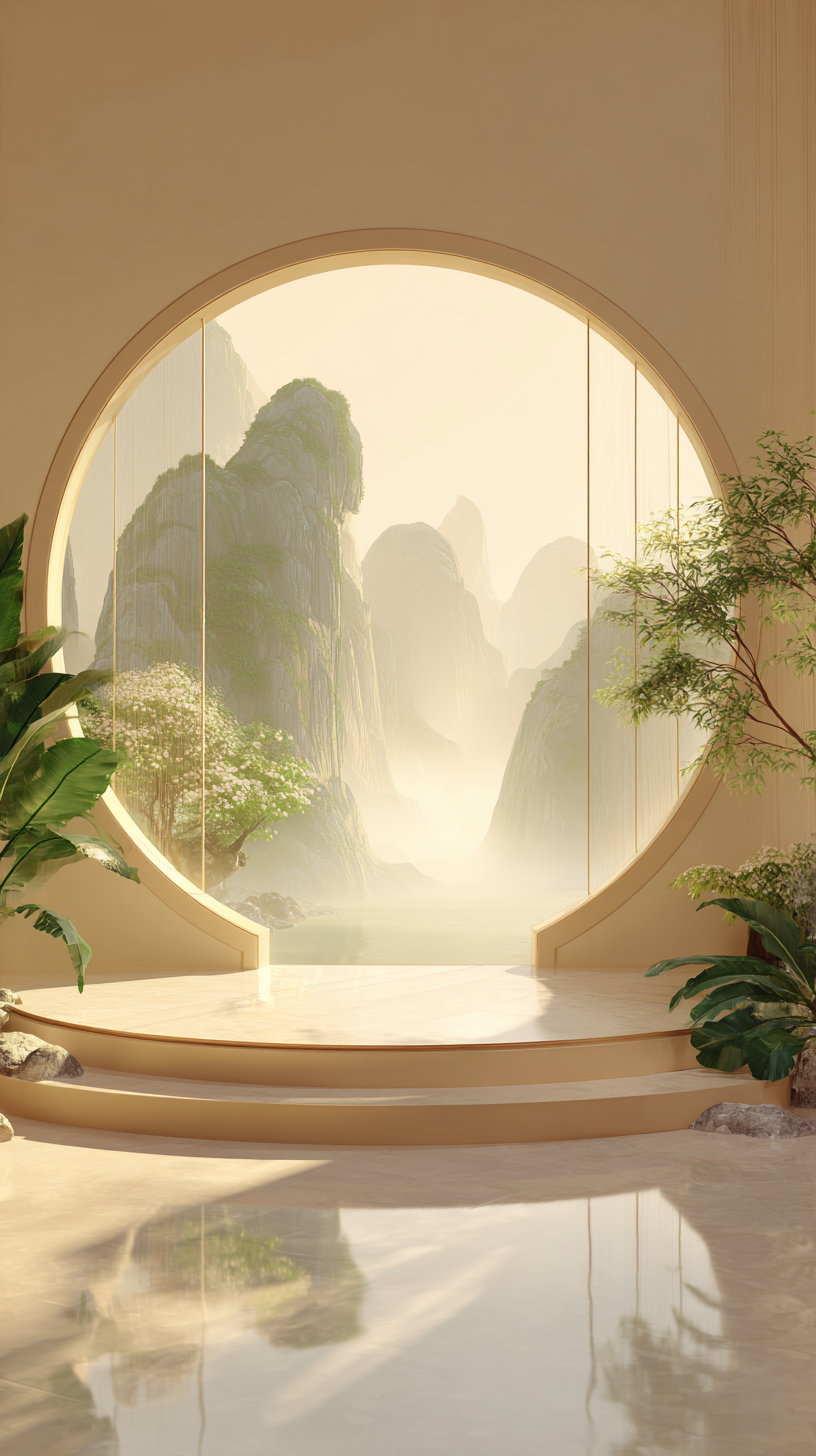 中式美学与山水意境3D圆形平台背景