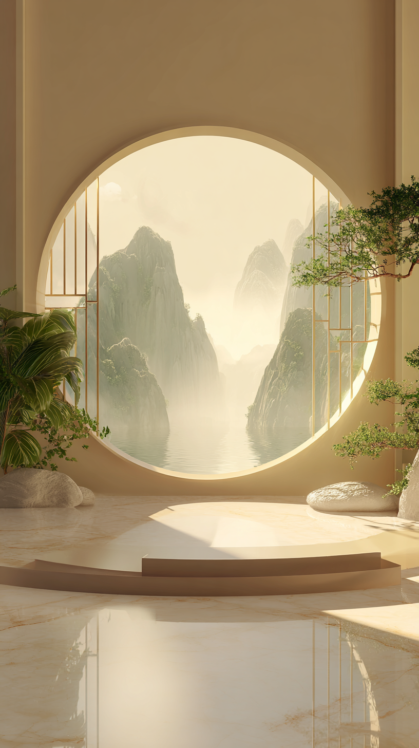 中式美学与山水意境3D圆形平台背景