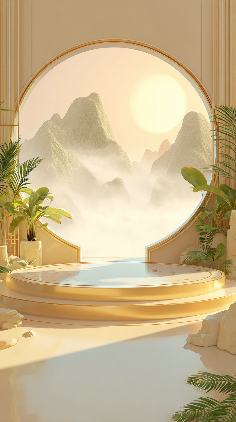 中式美学与山水意境3D圆形平台背景