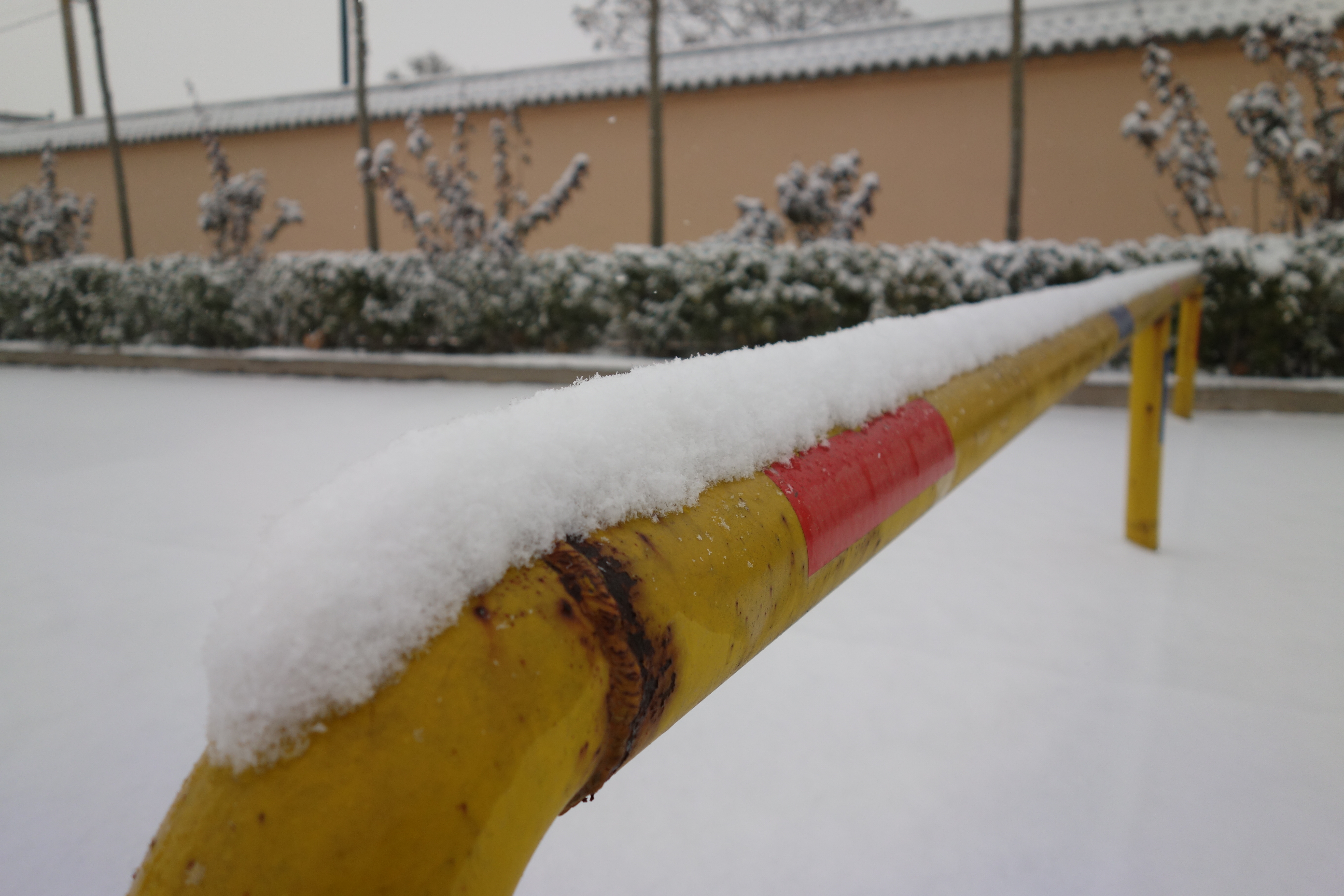 被雪覆盖的黄色运动器材尽显冬日之美