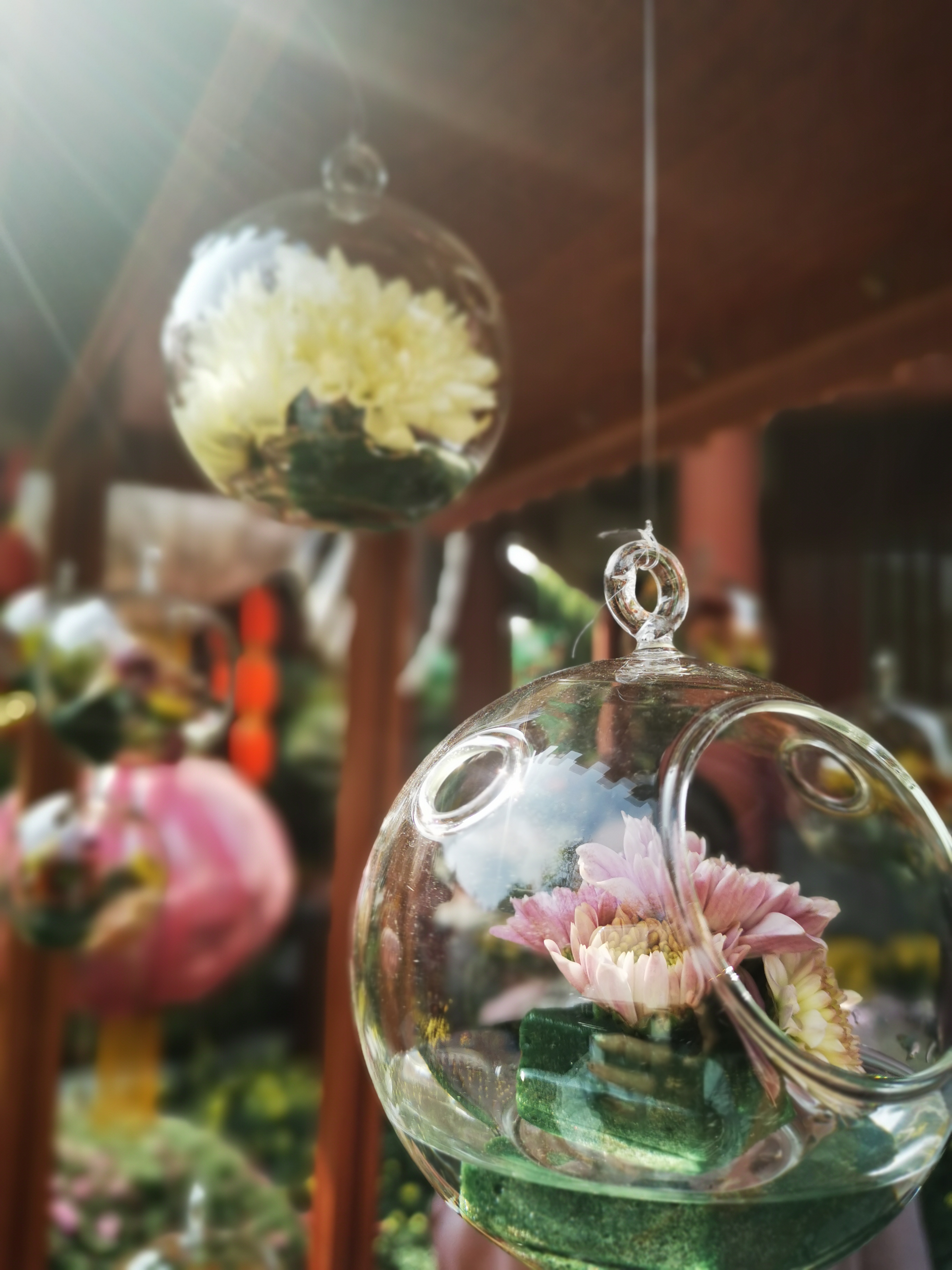 透明玻璃球挂饰，内含多彩鲜花超吸睛