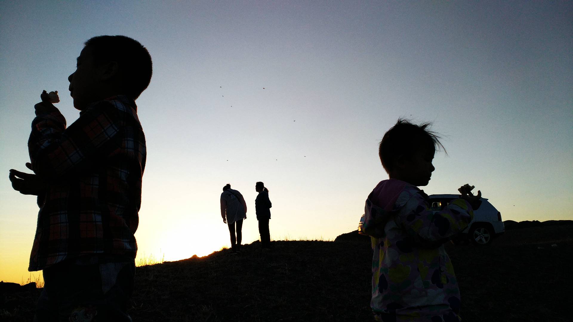 夕阳下的儿童剪影，尽显童真的户外画面