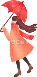 手绘冬季撑伞戴围巾女孩