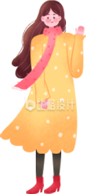 手绘长发黄裙子招手女孩