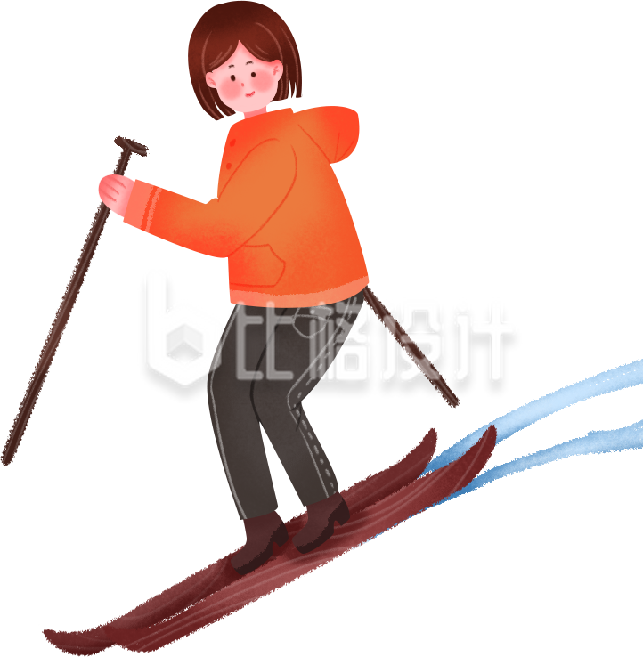 手绘橙色衣服滑雪女孩
