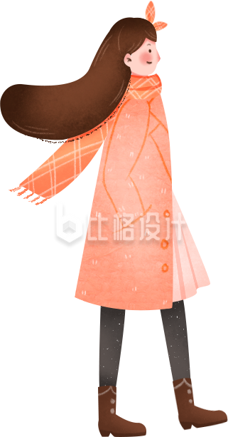 手绘长发散步小女孩