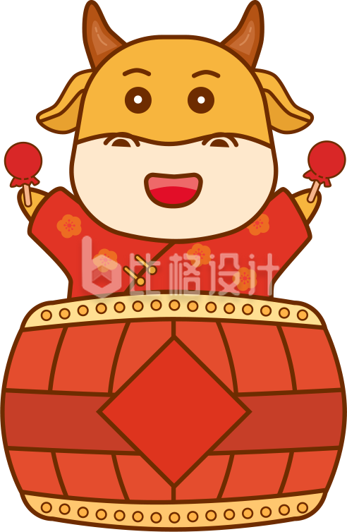 手绘卡通可爱击鼓牛牛