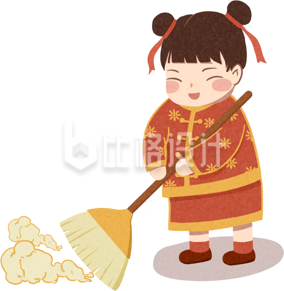 手绘国潮风插画新年除尘女孩