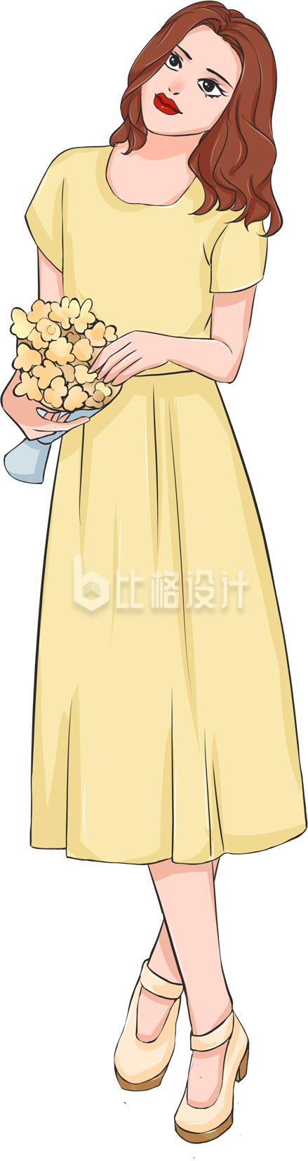 手绘黄色连衣裙卷发美女