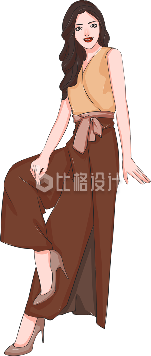 手绘夏季时尚穿搭长卷发美女