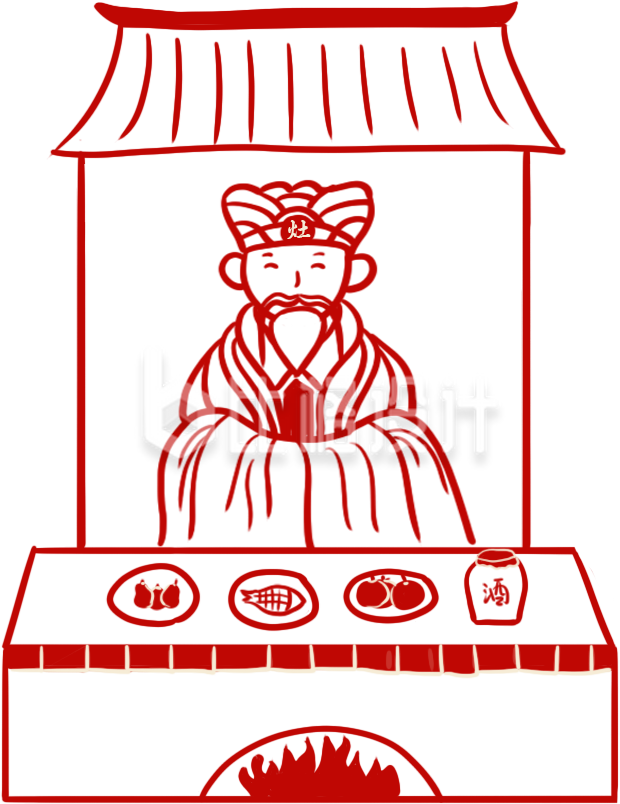 手绘红色正月初五迎灶神年俗插画