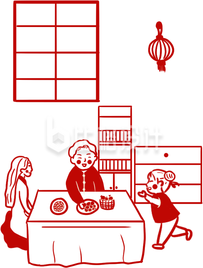 手绘红色正月初三赤狗日宅家年俗插画