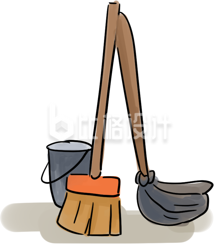 手绘插画拖把扫帚