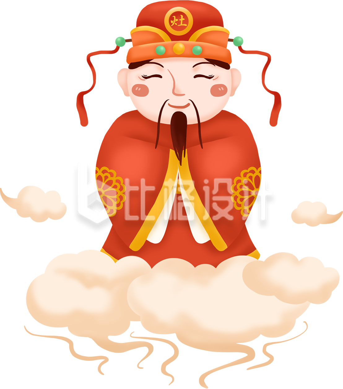 小年祭灶卡通手绘站在云上的灶王爷灶神 小年祭灶卡通手绘站在云上的灶王爷灶神