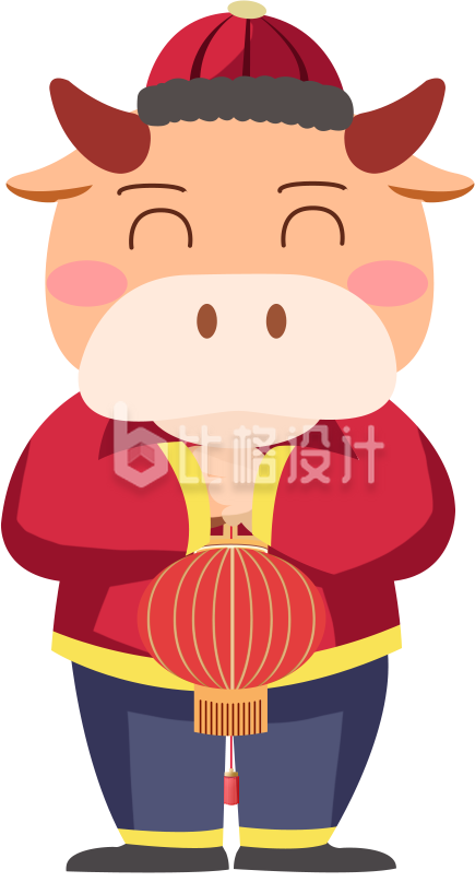 手绘提着灯笼的可爱牛牛