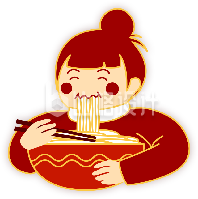 卡通吃面条的女孩