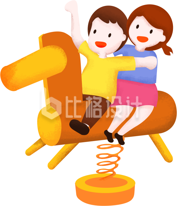 小男孩小女孩玩骑木马