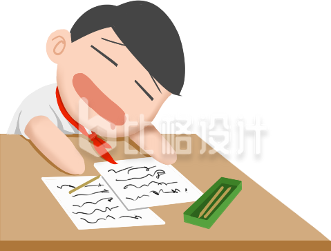 学生写作业疲惫不堪的可爱卡通插画形象 学生写作业疲惫不堪的可爱卡通插画形象