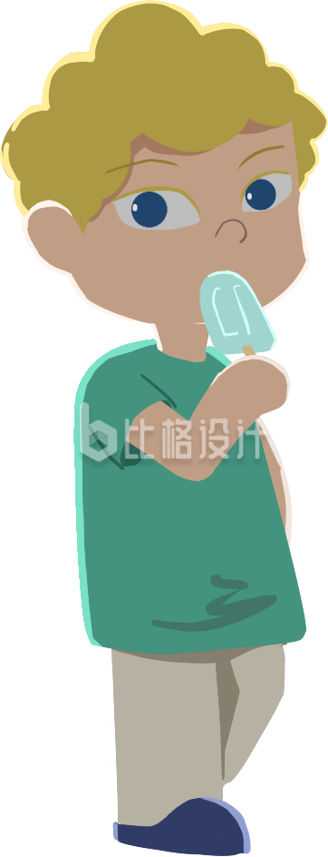 手绘吃雪糕的白人小男孩