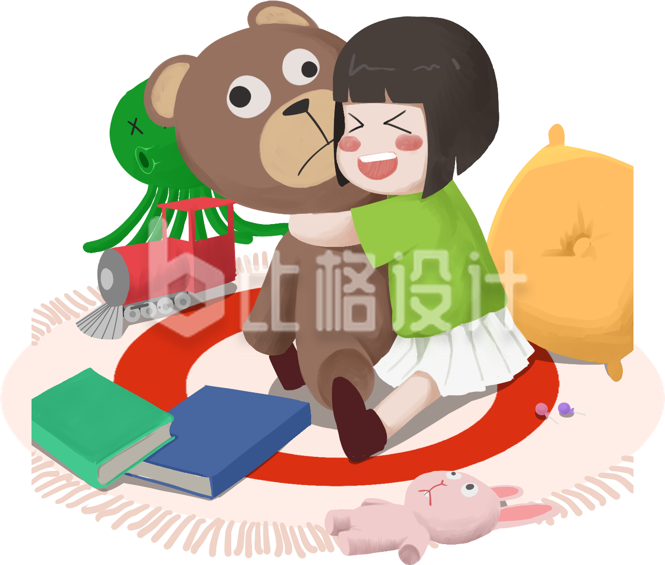 手绘可爱抱着玩偶的小女孩场景插画