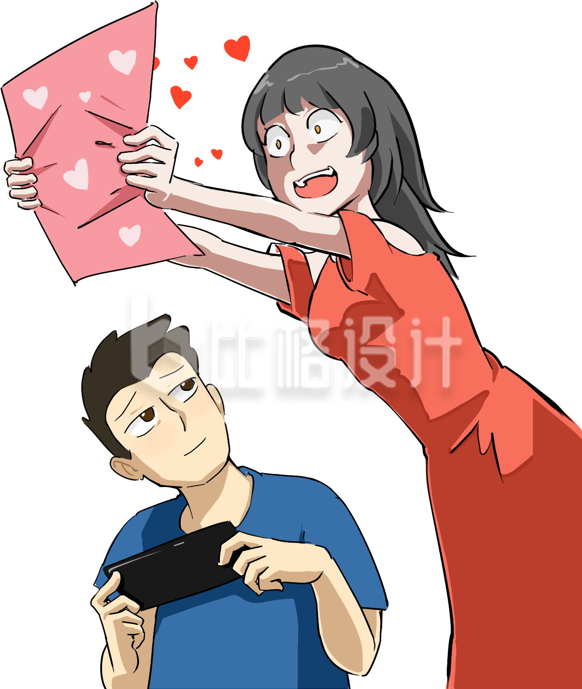 手绘日系情侣插画