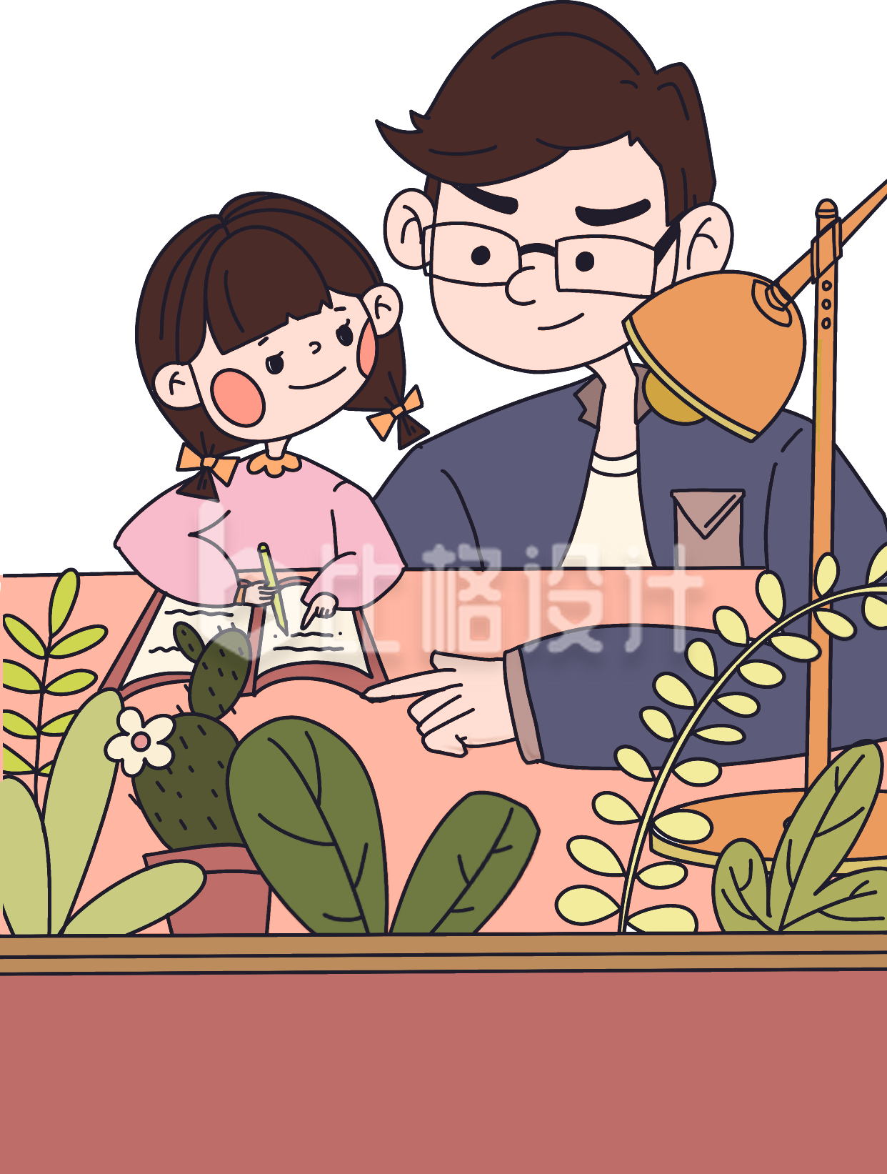 手绘卡通父女人物