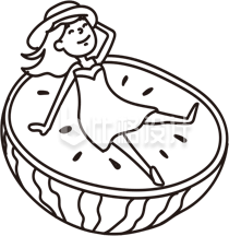 女子惬意躺西瓜上的可爱漫画卡通图