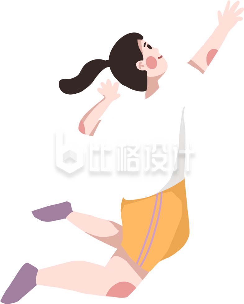 活力运动女孩跳跃姿态的趣味卡通插画