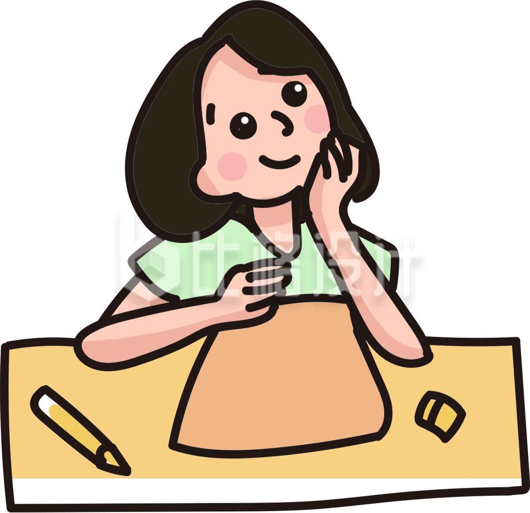 可爱女孩在桌前思考的卡通文具宣传图