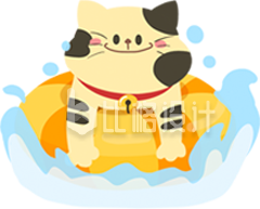 可爱猫咪坐游泳圈玩水的趣味卡通形象图