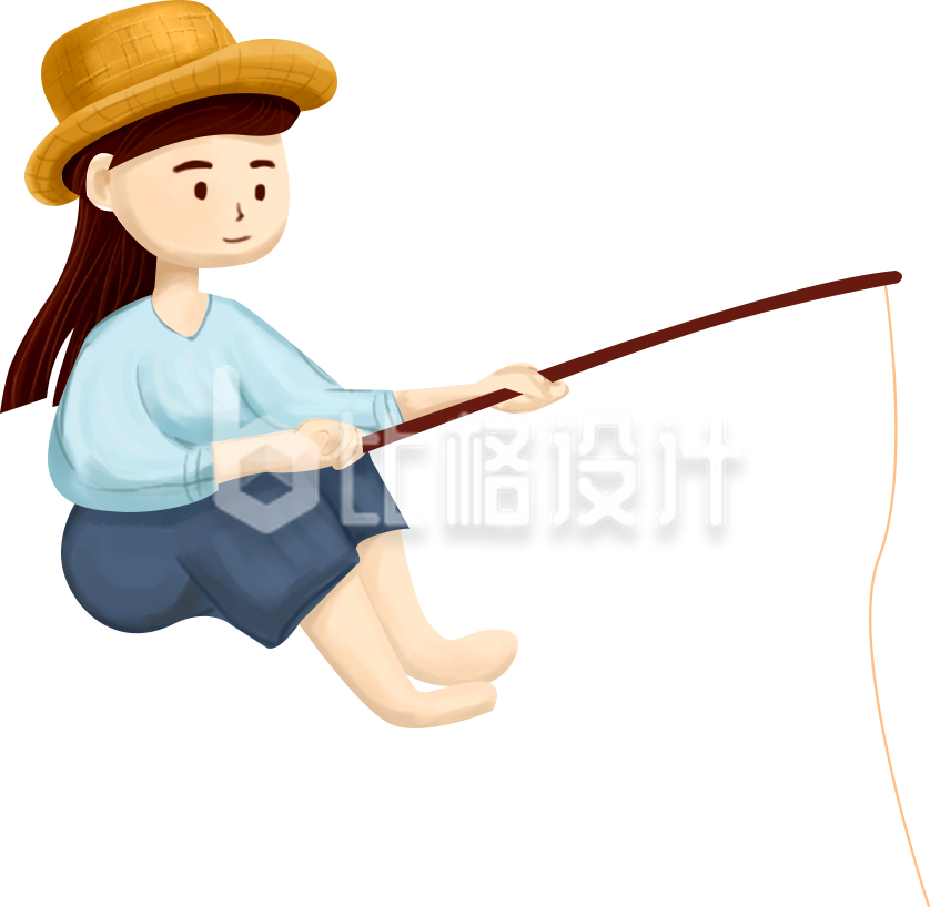 简约卡通钓鱼的小女孩插画