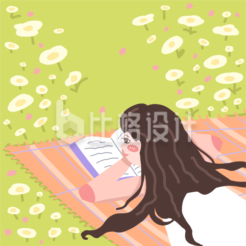 草地上看书的小女生