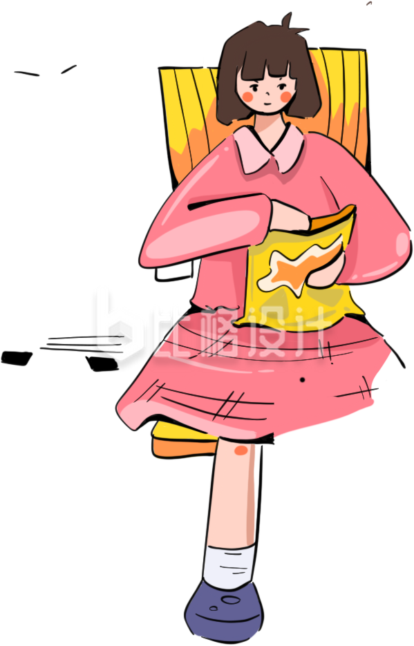 可爱女孩手拿零食悠闲放松的趣味插画 可爱女孩手拿零食悠闲放松的趣味插画