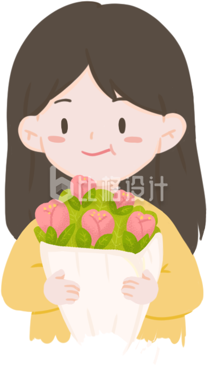 手持鲜花的可爱女孩形象，浪漫氛围满满