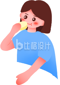 身穿蓝衣的女孩正在饮用饮品的可爱插画