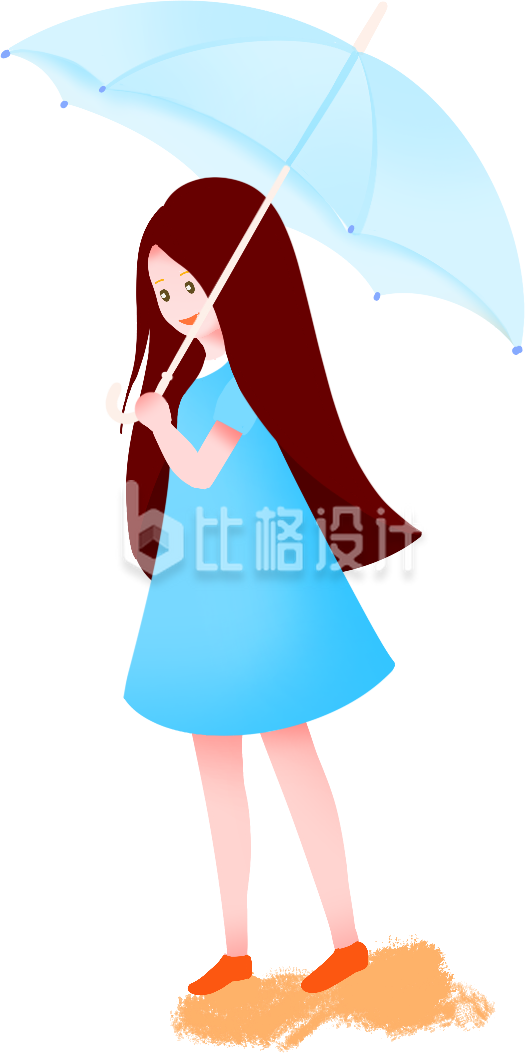 撑伞蓝衣女孩插画，清新可爱尽显文艺范